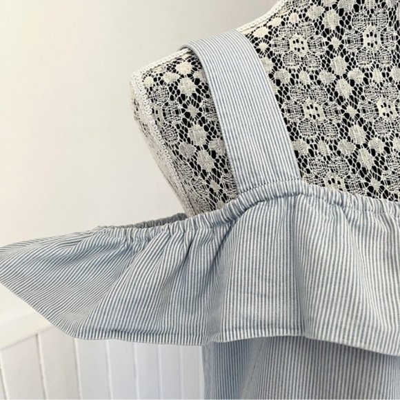 Twig Blue & White Striped Boho Ruffled Cold Shoulder Tank Top Size M - Picture 5 of 10